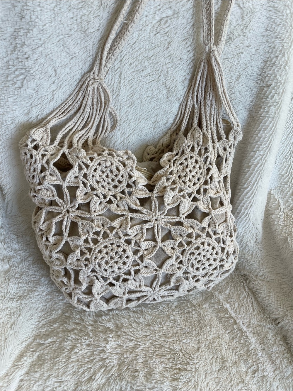 lovestitch Crochet Floral Openwork Shoulder Bag in Cream